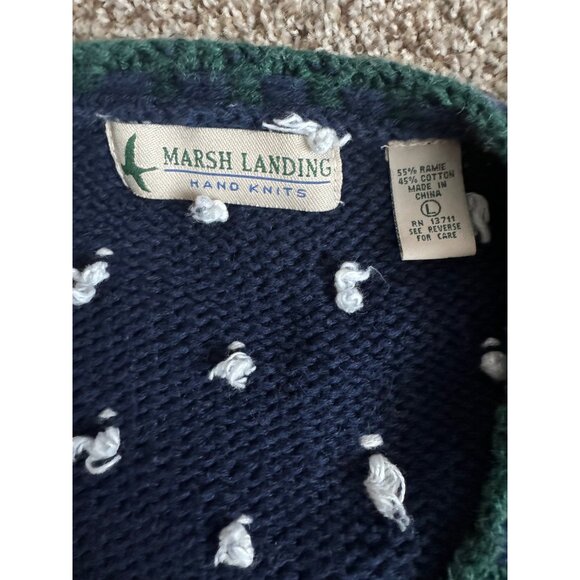 Vintage Marsh Landing Hand Knit Blue Christmas Winter Ski Sweater - Size Large - Picture 3 of 9